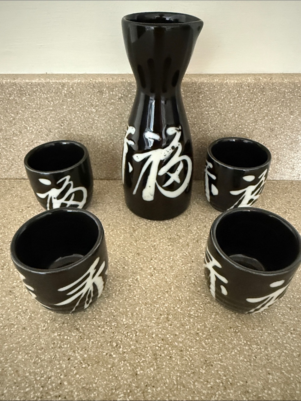 Black Ceramic Sake Set with White Calligraphy - 5-Piece